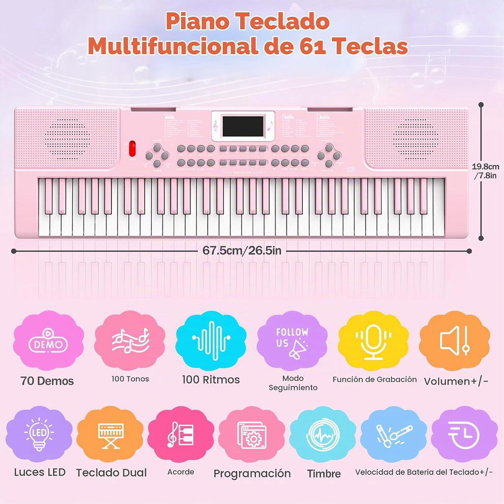 Teclado de piano para niños de 61 teclas con teclas iluminadas, modo de enseñanza, altavoz dual