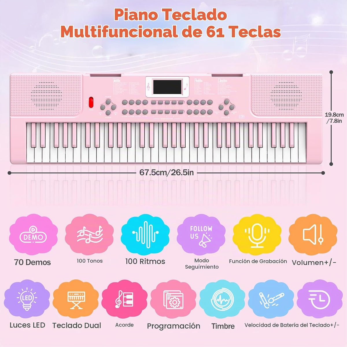 Teclado de piano para niños de 61 teclas con teclas iluminadas, modo de enseñanza, altavoz dual