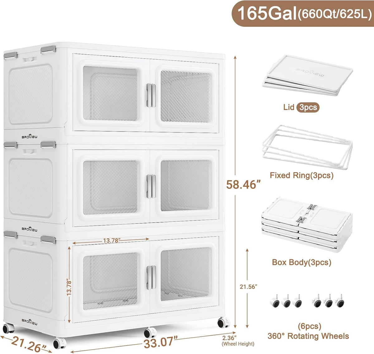 BROVIEW - Contenedor apilable extra grande de 660 cuartos de galón con tapa