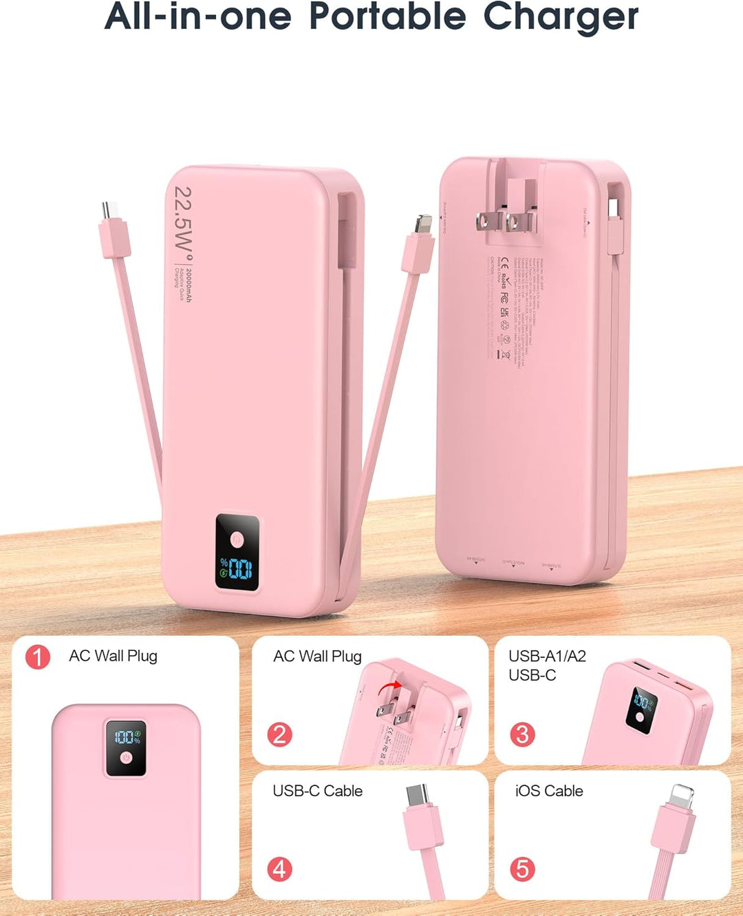 Cargador portátil, 20000 mAh 22.5 W, cargador de batería de carga r...