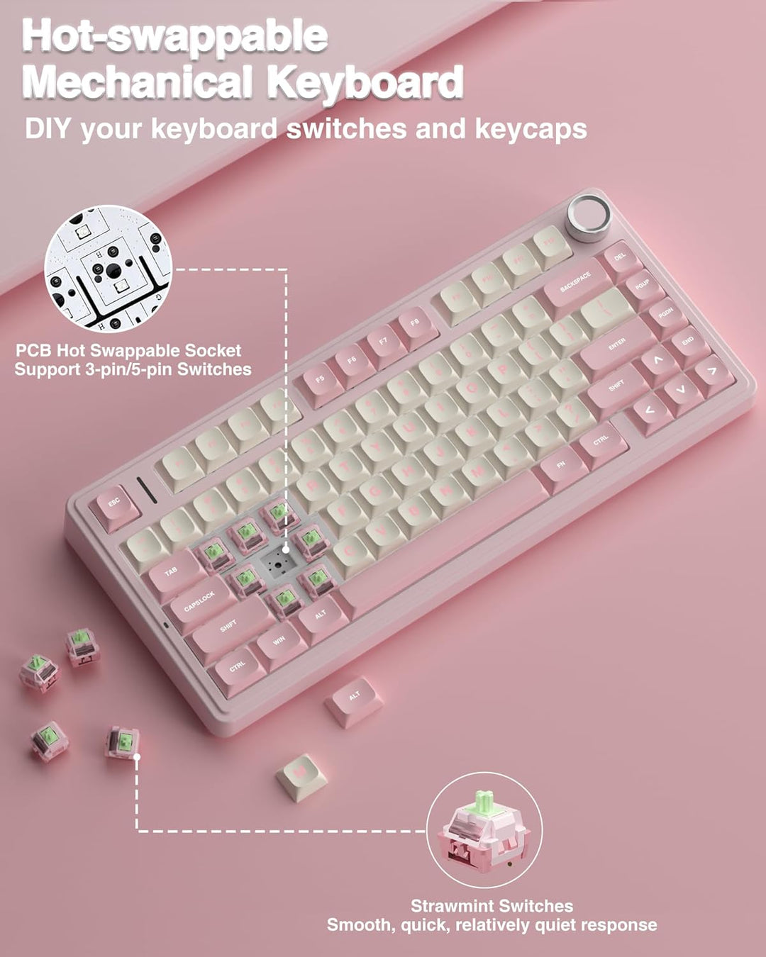 AULA Teclado Mecánico Inalámbrico F75 75%, Teclado Rosa Cremoso Int...