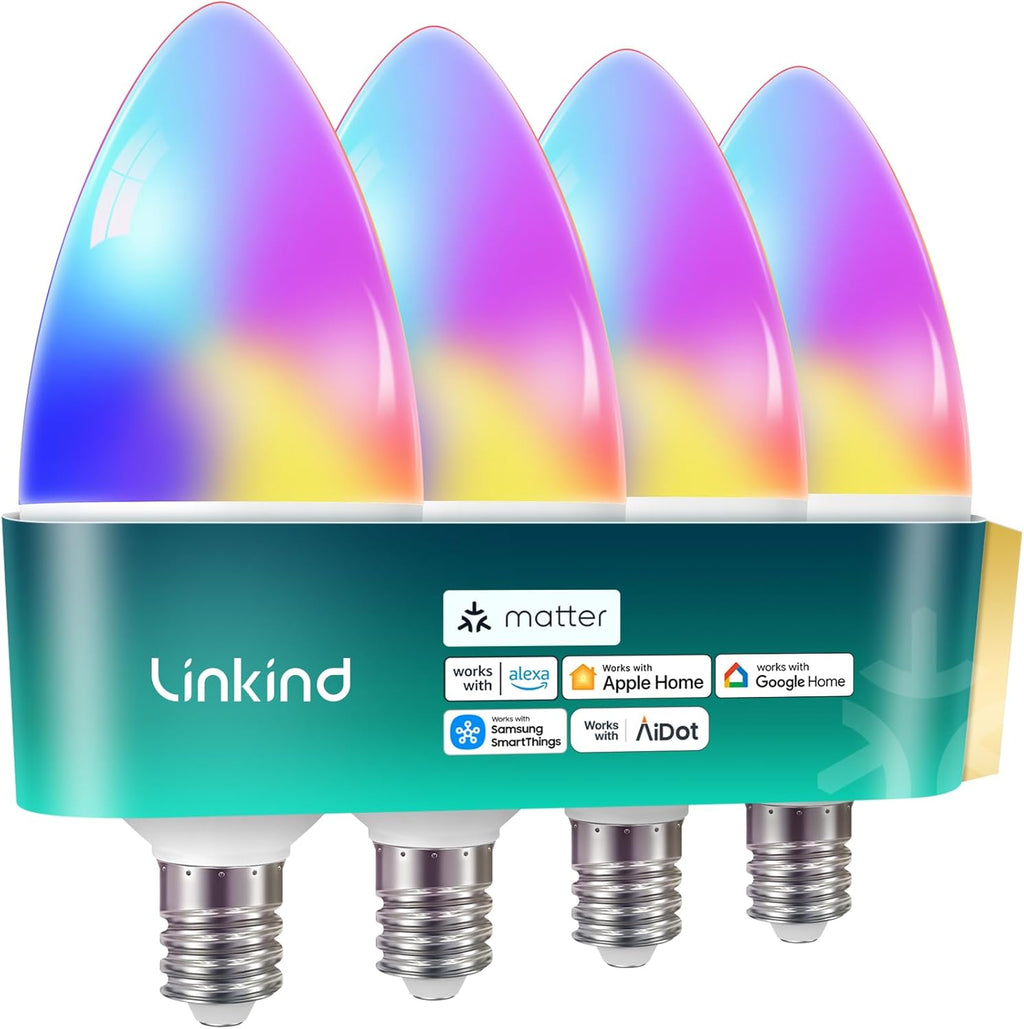 Linkind Matter - Bombilla LED E12, bombillas inteligentes de color candelabro, paquete de 4