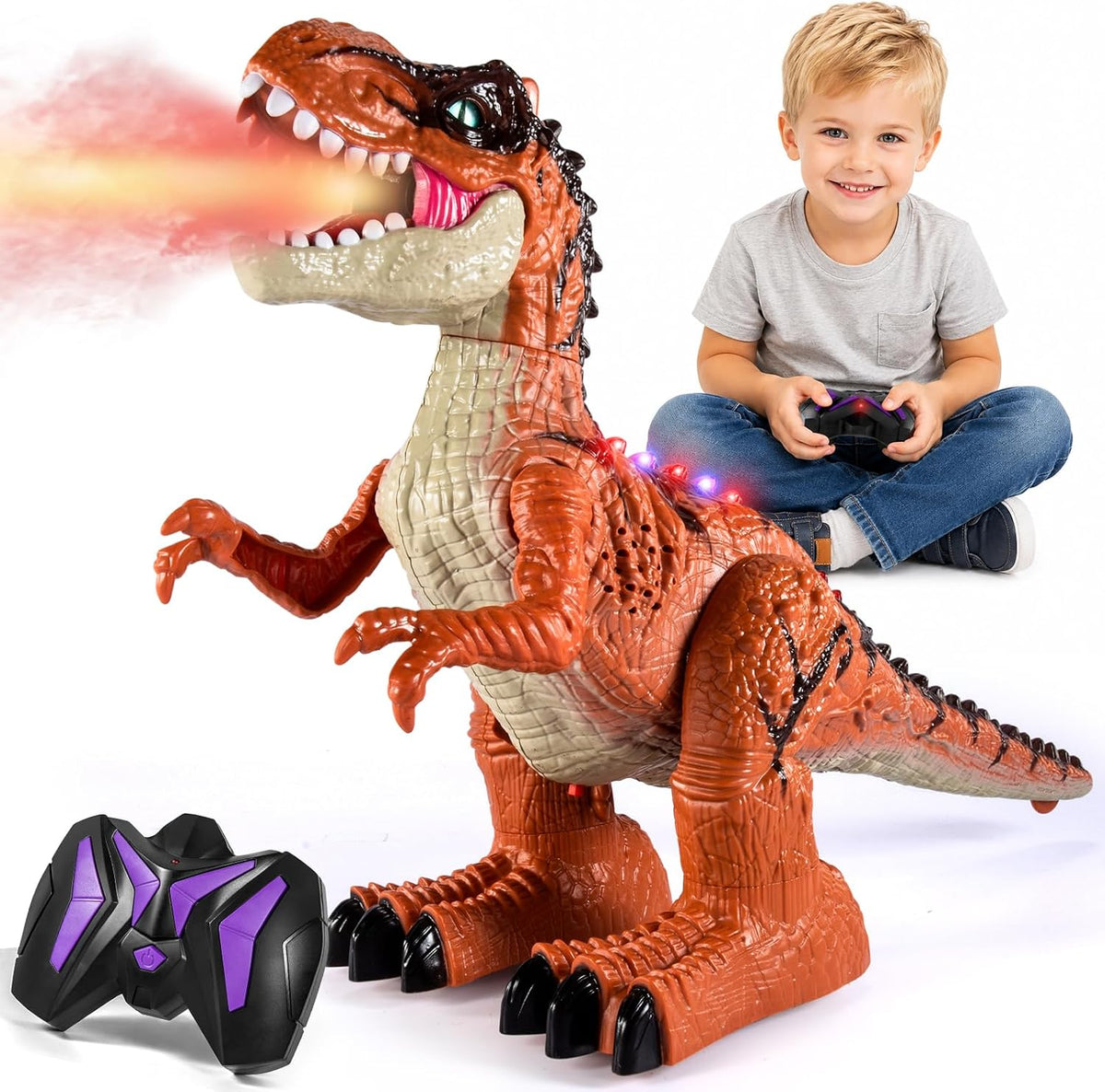 Juguetes de dinosaurio a control remoto para niños de 3-5, 5, 7, 8-12, juguete robot de dinosaurio T-Rex para caminar a control remoto con spray de niebla de agua, luces y sonidos, paquete de 2 baterías recargables, 3, 4, 5, 6, 7, 8 años, regalo de