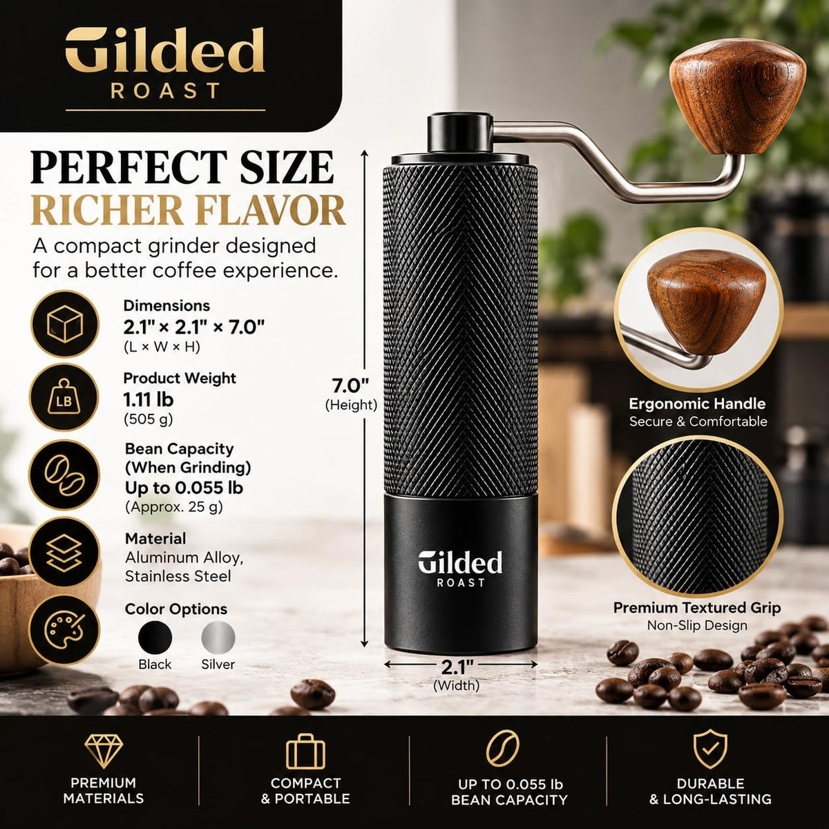 Molinillo de café manual con cepillo de limpieza y tamaño de molienda ajustable, rebabas de acero inoxidable, cuerpo de aleación de aluminio, capacidad de 0.88 oz