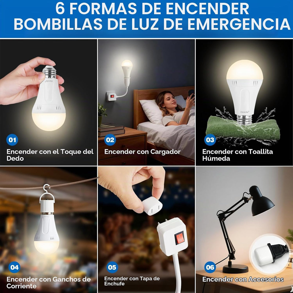 Lámpara Paquete de 10 bombillas de emergencia recargables A19 E26 9W 3000K