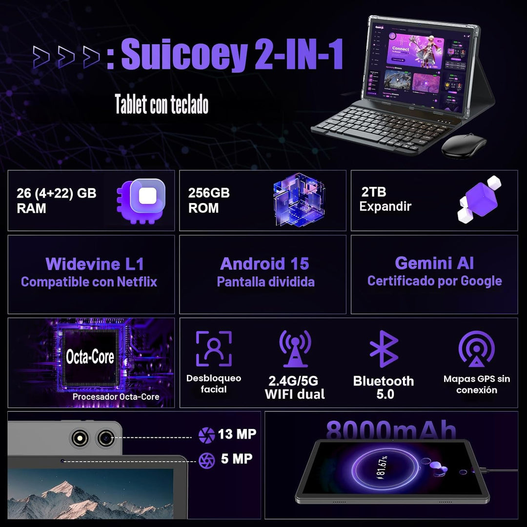 Tablet Android de 10 pulgadas, tableta Android 15 2026 con teclado,...