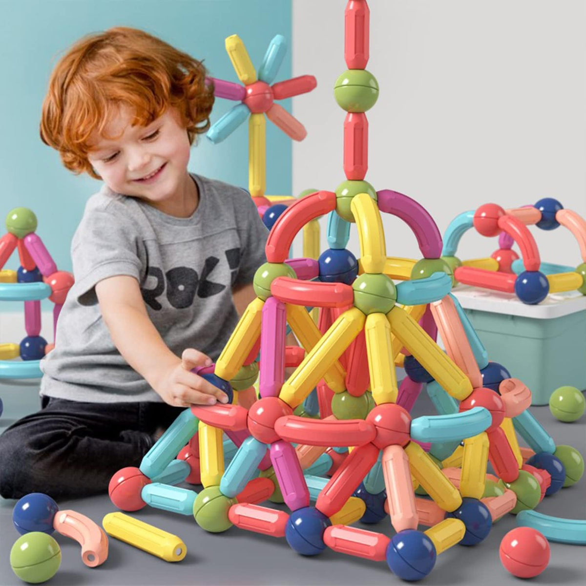 BAKAM Bloques de construcción magnéticos para niños de 4 a 8 años, juguetes de construcción STEM para niños y niñas, juego de palos magnéticos y bolas de gran tamaño para el aprendizaje educativo temprano de los niños (84 piezas)