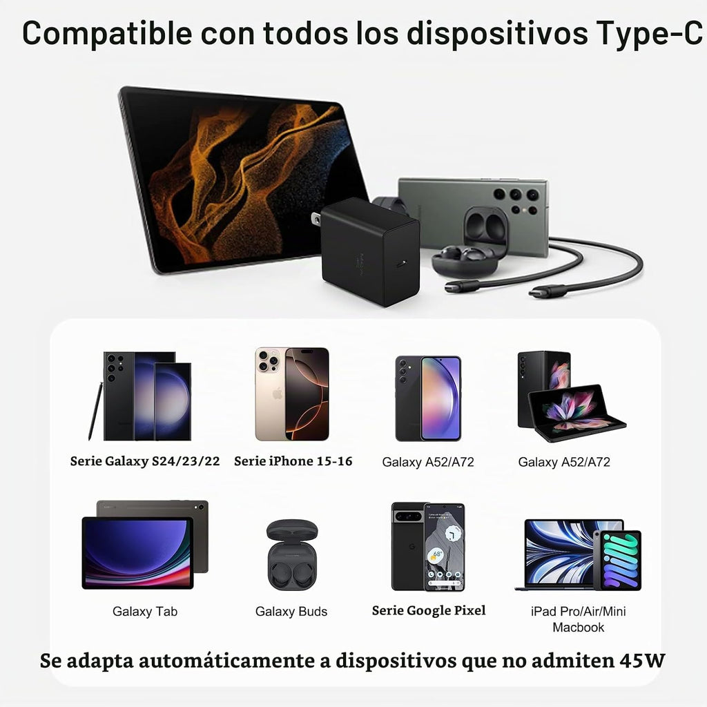 Cargador USB C tipo C cargador de carga rápida 12FT 45W Samsung