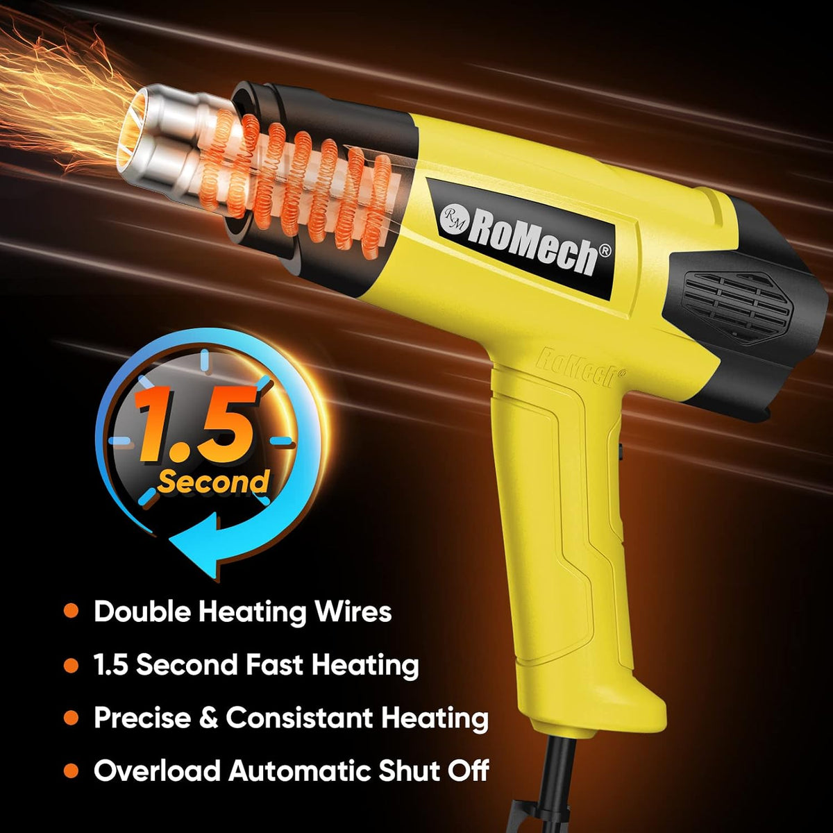 Pistola de calor resistente de 1500 W, kit de pistola de aire caliente con control de temperatura variable con 2 caudales de aire de 120 °F a 1200 °F y 4 boquillas para manualidades (amarillo)