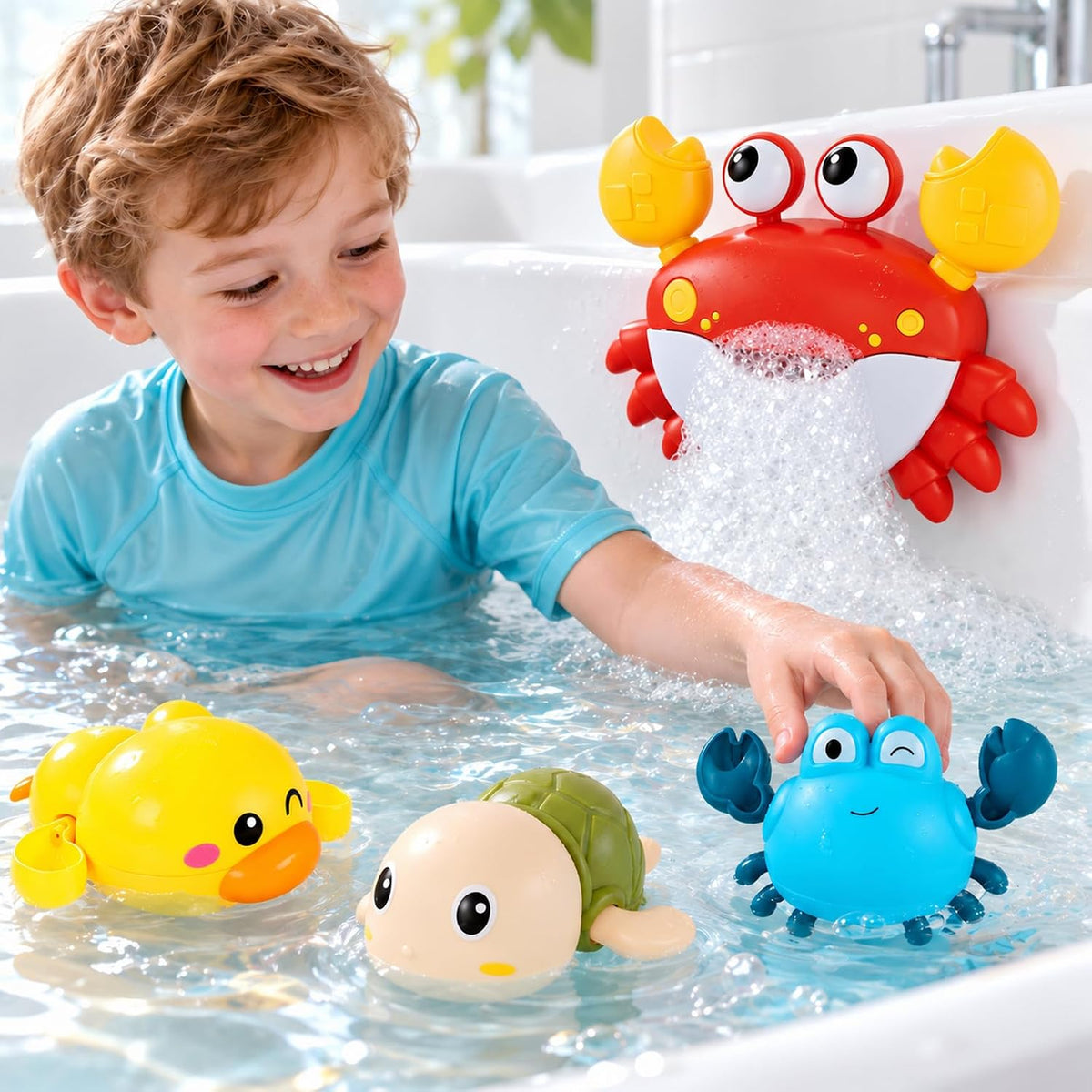 Juguetes de baño para bebés y niños pequeños, fabricante de burbujas de baño de cangrejo con 12 canciones, paquete de 3 juguetes de cuerda para piscina para niños, juguetes de bañera como regalo de