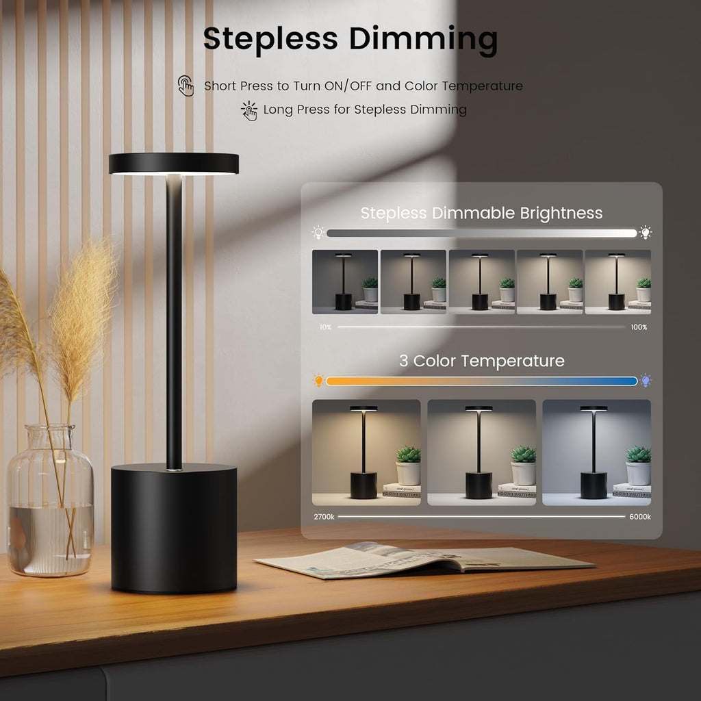 Lámpara Paquete de 2 lámparas de mesa recargables, lámpara de mesa LED inalámbrica, funciona con pilas de 5000 mAh, luz de mesa portátil, atenuación para restaurante, patio, exterior (negro)