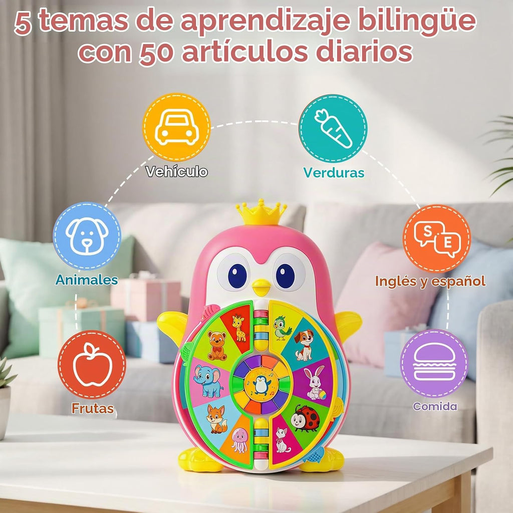 Cley - Juguetes musicales de pingüino para niñas de 1 año, juguetes educativos bilingües para bebés de 1 a 2 años con 5 temas, sonido y luz, aprendizaje de primera palabra de 12 a 18 meses, regalos de