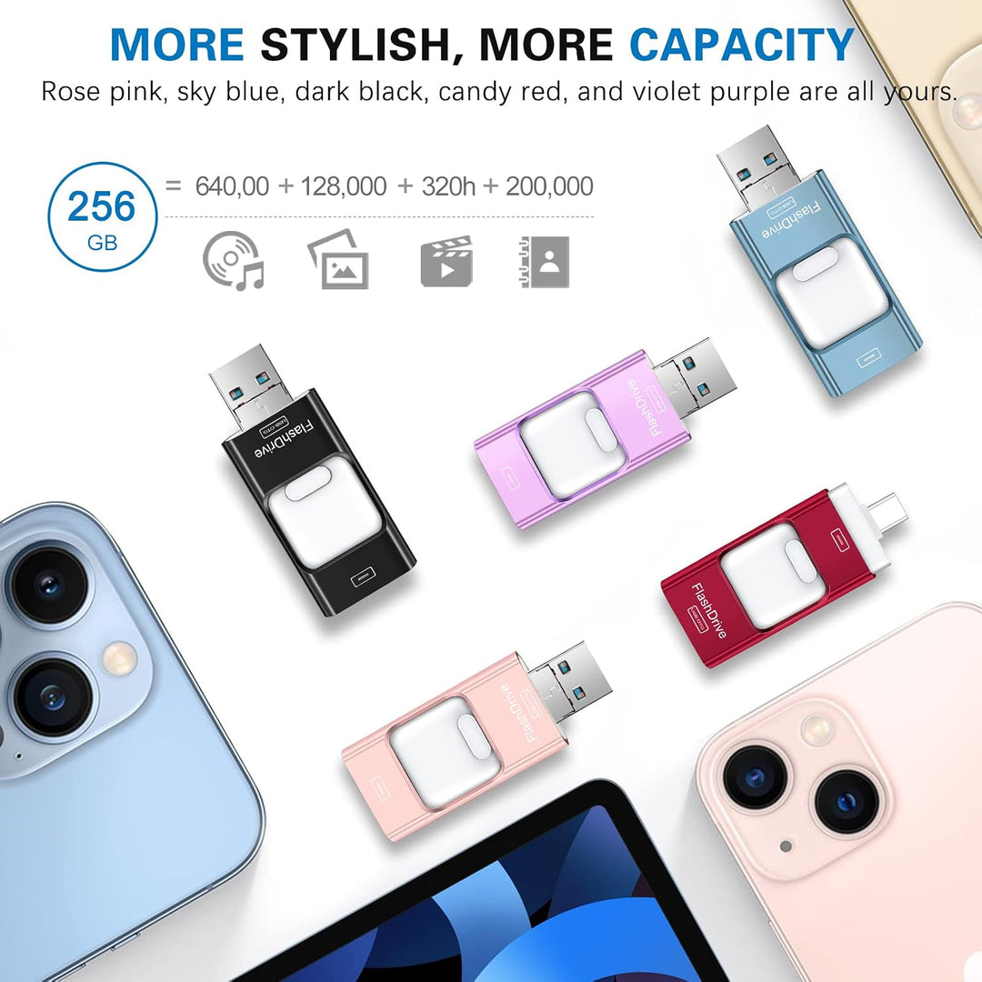 Unidad flash para iPhone 256GB, 4 en 1 USB tipo C, memoria USB tipo...