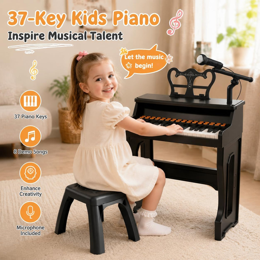 Teclado de piano para niños, teclado musical eléctrico de 37 teclas con micrófono, soporte y taburete, juguetes de piano para principiantes de 3, 4, 5, 6 años, regalo de cumpleaños para niñas y niños