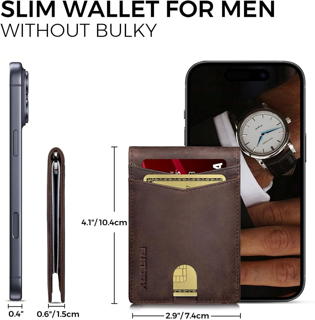RUNBOX Billetera de cuero genuino para hombre, 12 tarjetas, clip pa...