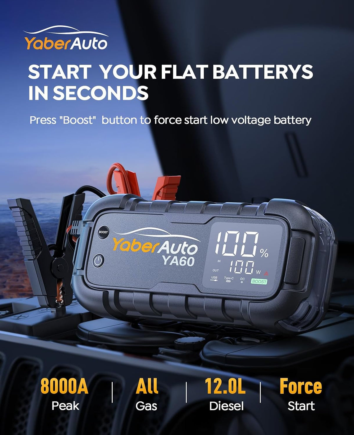 YaberAuto 8000A Arrancador de Batería 99Wh 65W Carga rápida (Todos gasolina/12.0L diésel)