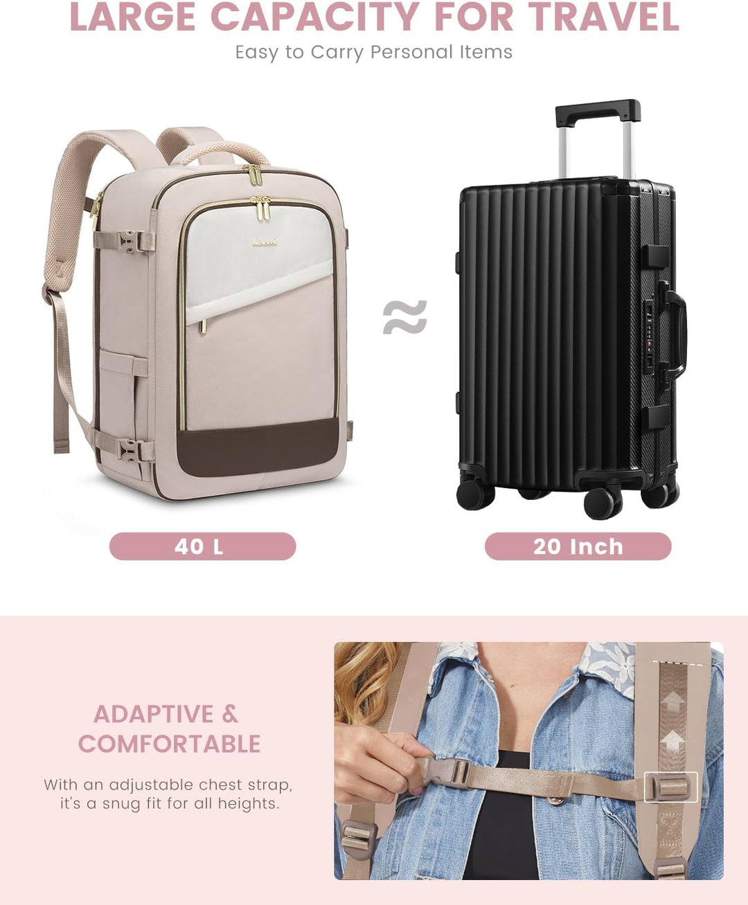 LOVEVOOK - Mochila de viaje para mujer, mochila de 40 l para llevar...