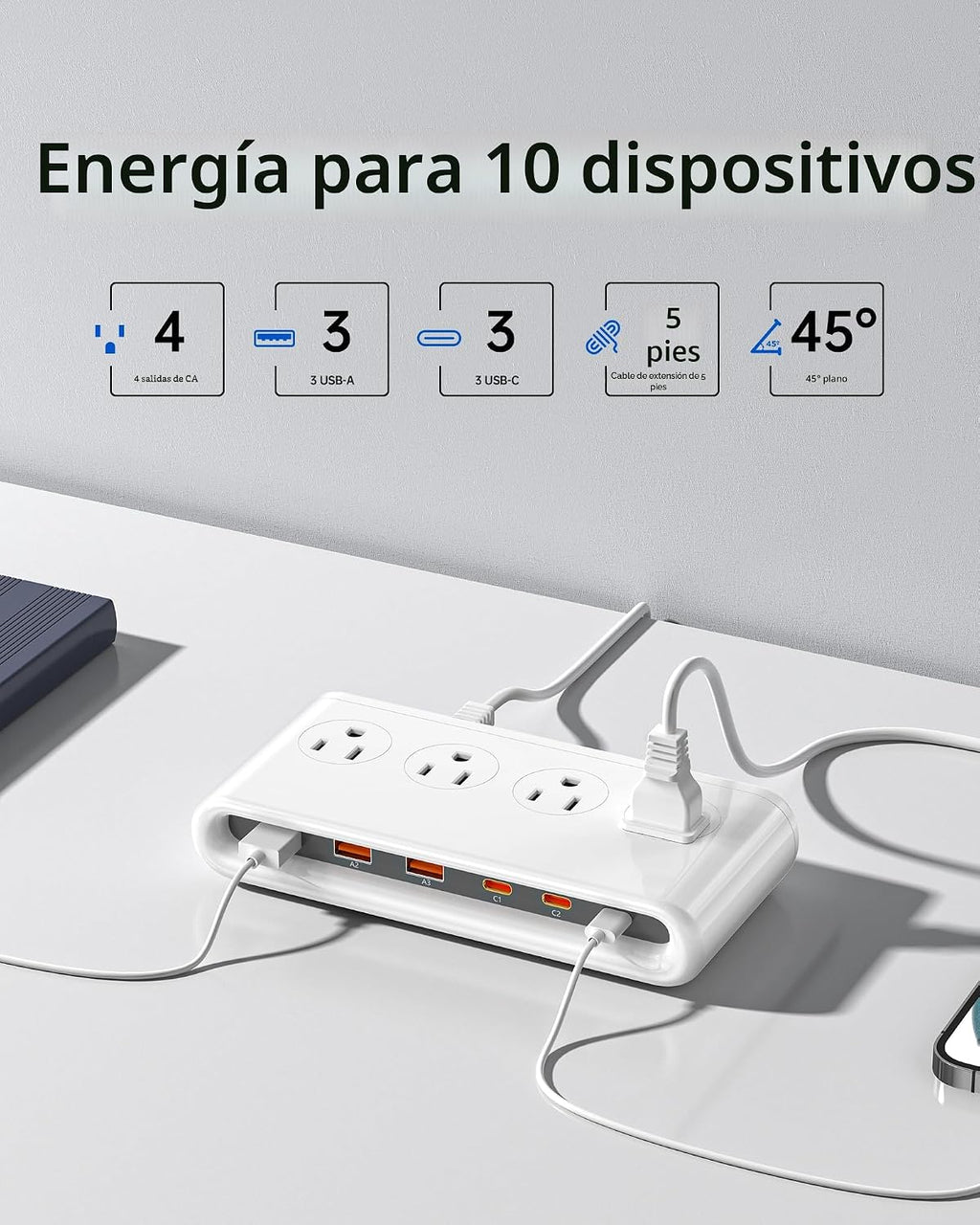 Regleta de alimentación 10 en 1 con puertos USB C, USB de 35 W