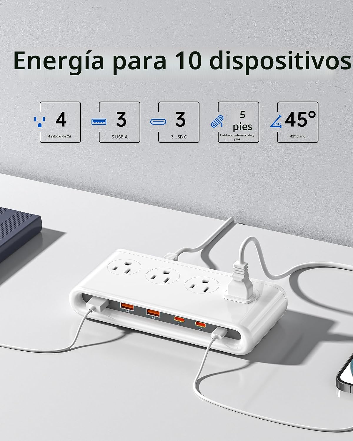 Regleta de alimentación 10 en 1 con puertos USB C, USB de 35 W