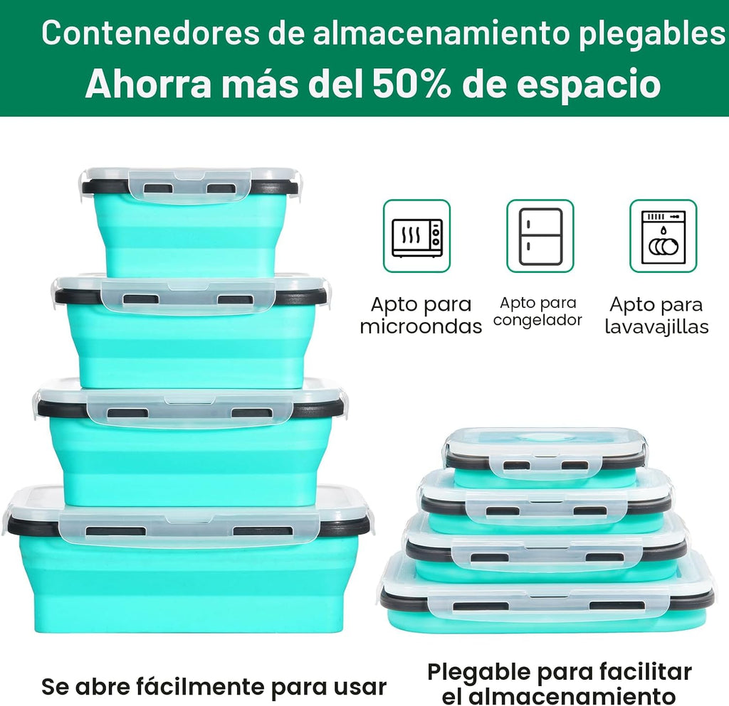 Sudaya Paquete de 8 recipientes plegables de almacenamiento de alimentos con tapas, juegos de recipientes de almacenamiento plegables de silicona para camping, accesorios de caravana, remolque de viaje imprescindible