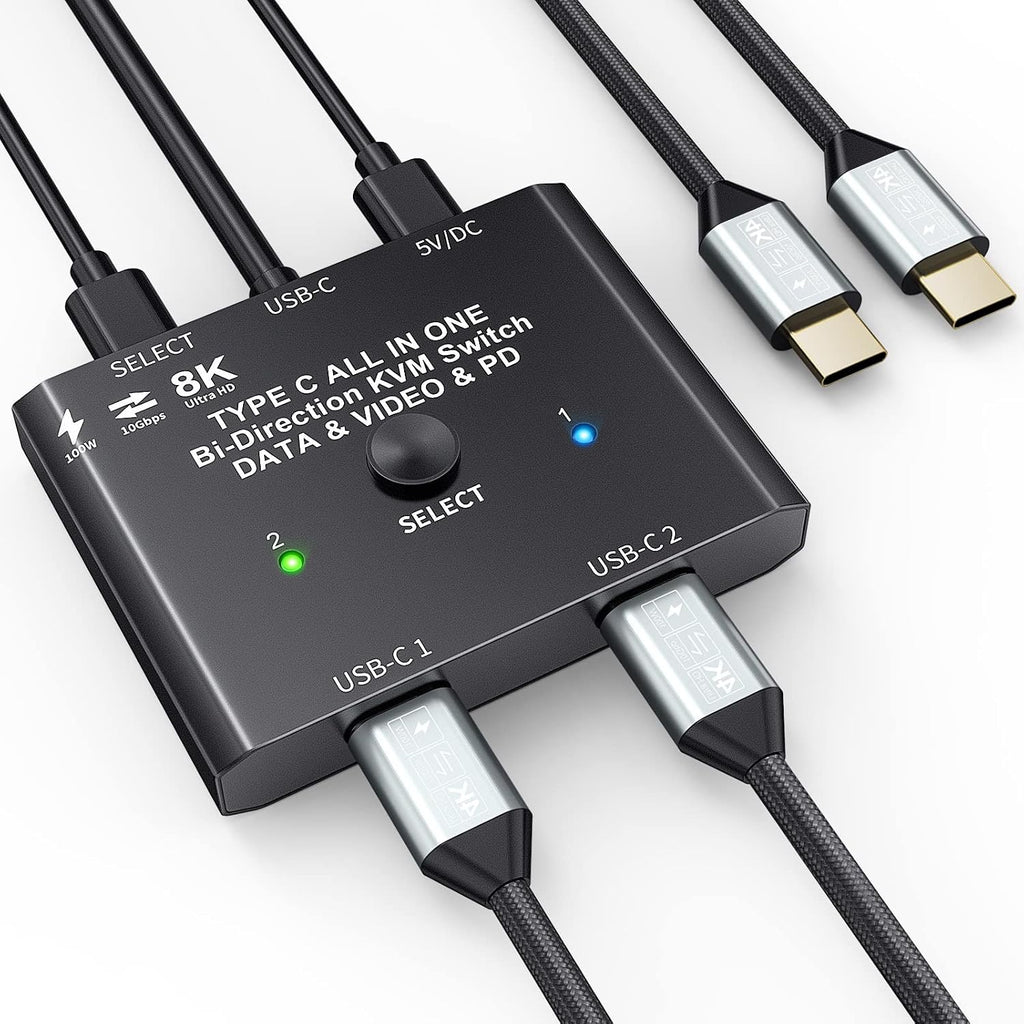 Interruptor USB C 2 en 1 Salida USB C Selector de conmutador para 2 computadoras portátiles comparte 1 dispositivo USB, transferencia de datos 4K @60Hz/10Gbps y carga PD de 100 W, control con cable y