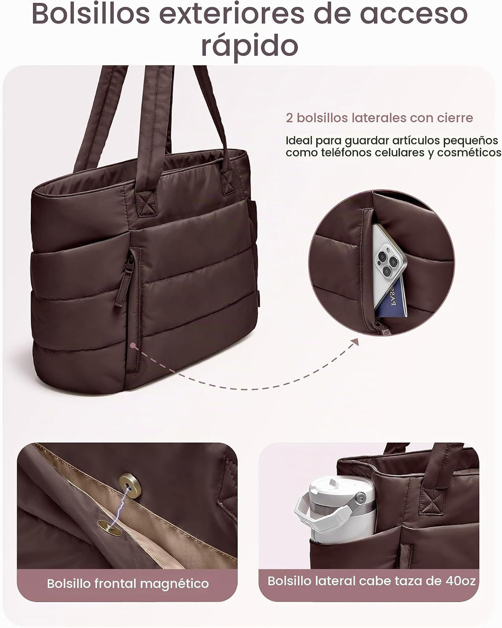 Bolso de mano para mujer con cierre, bolso acolchado tipo puffer con compartimentos, bolsos de trabajo ligeros y voluminosos para mujer de viaje