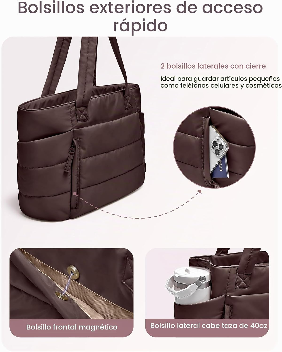 Bolso de mano para mujer con cierre, bolso acolchado tipo puffer con compartimentos, bolsos de trabajo ligeros y voluminosos para mujer de viaje