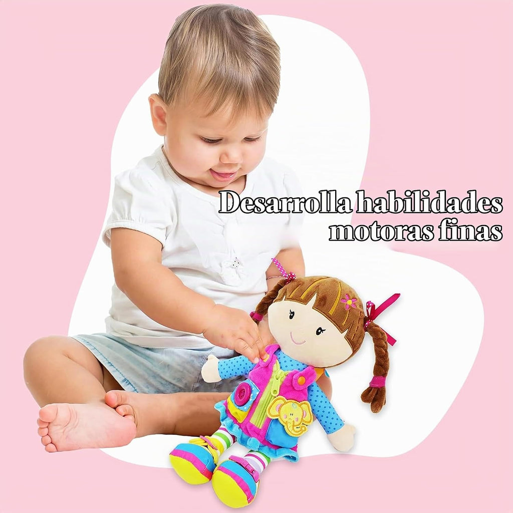 June Garden Dressy Friends Belle de 15.5 pulgadas, muñeca de peluche educativa para niños y niños pequeños de 2 años en adelante, juguete suave con hebilla Montessori