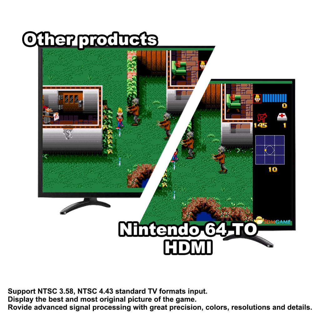 Azduou El convertidor N64 a HDMI convierte la señal de video de la consola de juegos N64 a señal HDMI. Conecta fácilmente la consola de juegos al adaptador/convertidor HDTV (compatible con N64, SNES, SFC, NGC 4 en 1)