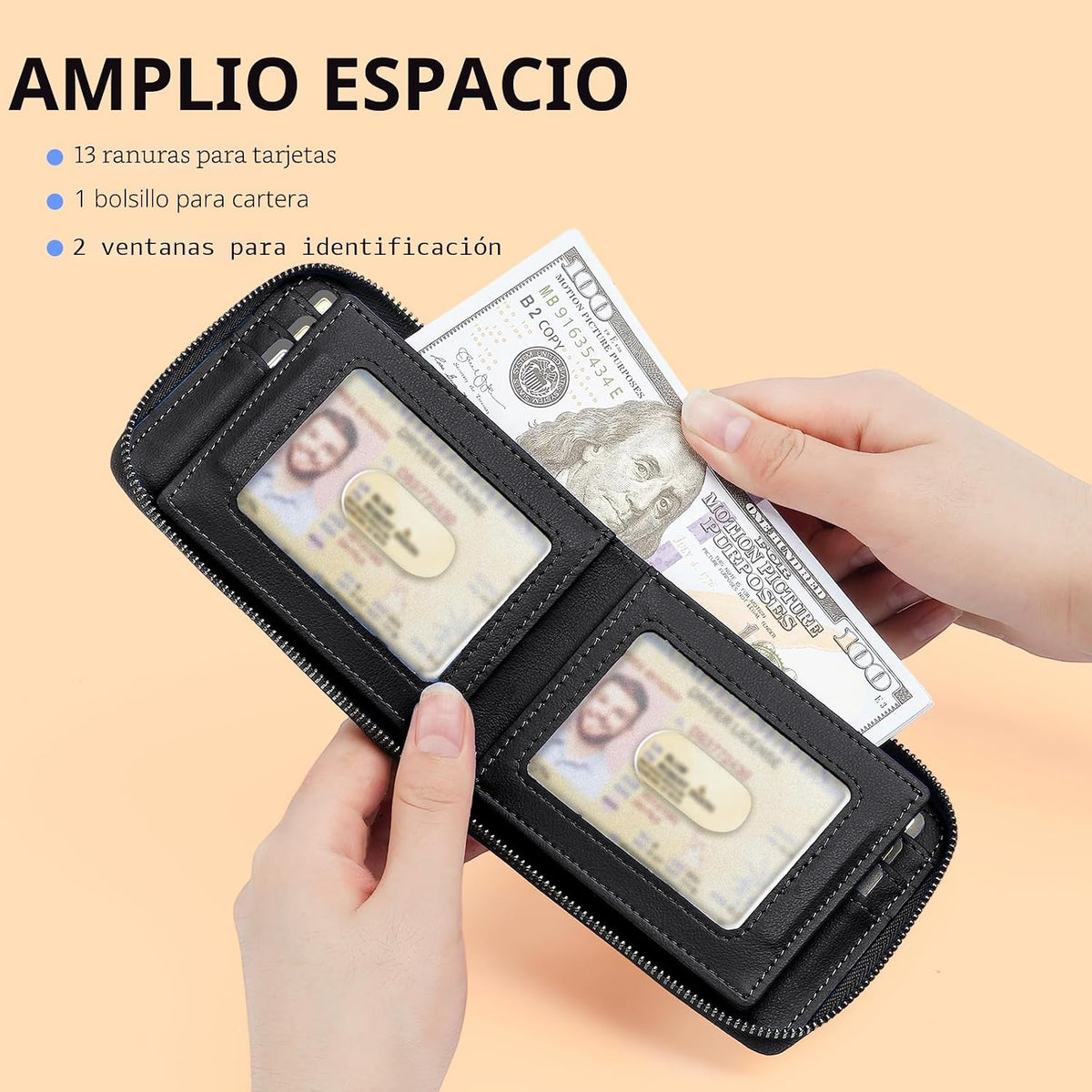 Billetera para hombre con bloqueo RFID y cierre, de grandes dimensiones, con 2 ventanas de identificación - Diseño de gran capacidad, 13 ranuras para tarjetas de crédito