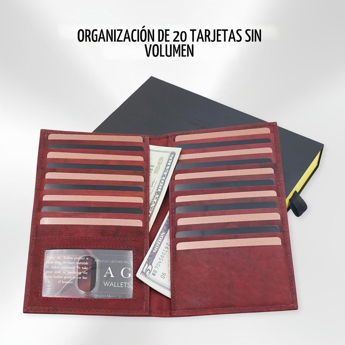 Cartera de 20 tarjetas para hombre, tarjetero largo de piel RFID, color