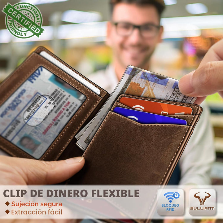BULLIANT Billetera para hombre, de cuero de grano superior, delgada...