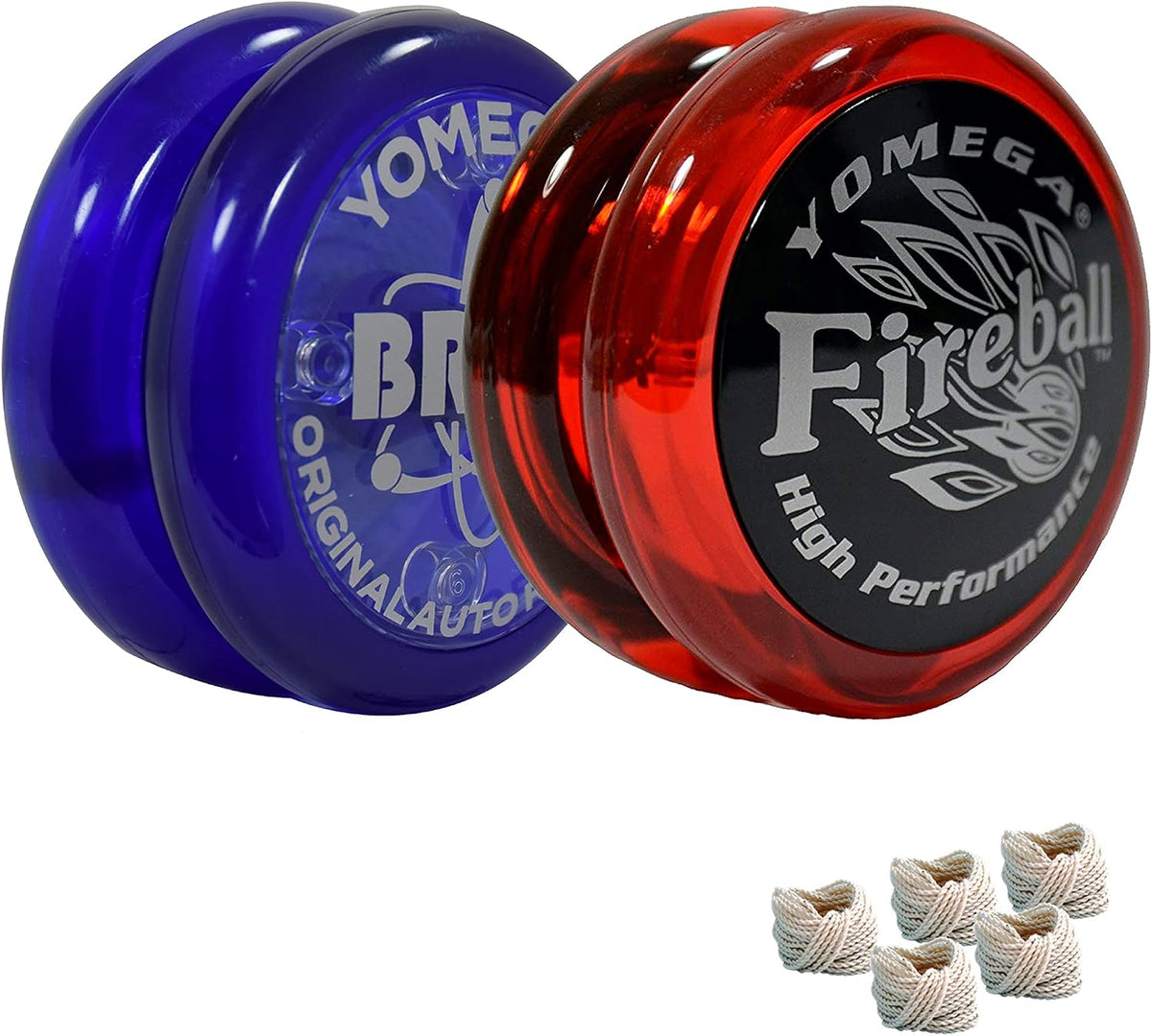 Yomega 2 Spinners Legendarios El Yo-Yo Original con Brain y Yo-Yo Transaxle Fireball para Juego de Trucos con Cuerda de Todos los Niveles + 5 Cuerdas Adicionales (Fireball Rojo/Negro-Brain Azul)