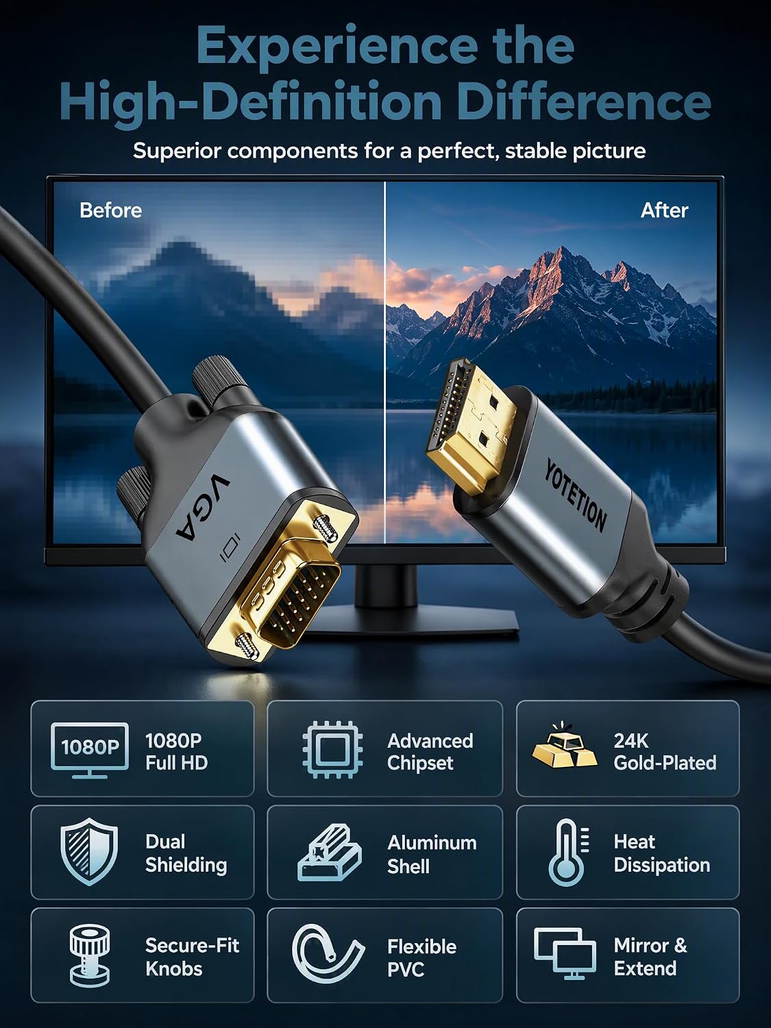 Cable HDMI a VGA de 30 pies con IC, HDMI a VGA chapado en oro compatible para computadora, computadora de escritorio, laptop, PC, monitor, proyector, HDTV, Raspberry Pi, Roku, Xbox y más