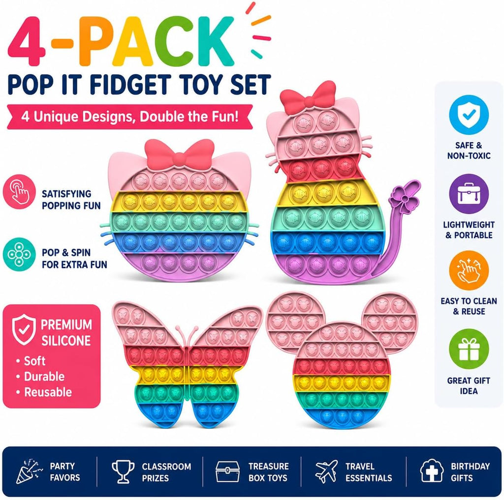 Paquete de 4 juguetes para ansiedad de reventar burbujas para niños, mariposa Pop It, gato Pop It, juego de juguetes sensoriales de ratón y gatito, juguetes sensoriales de animales para la ansiedad