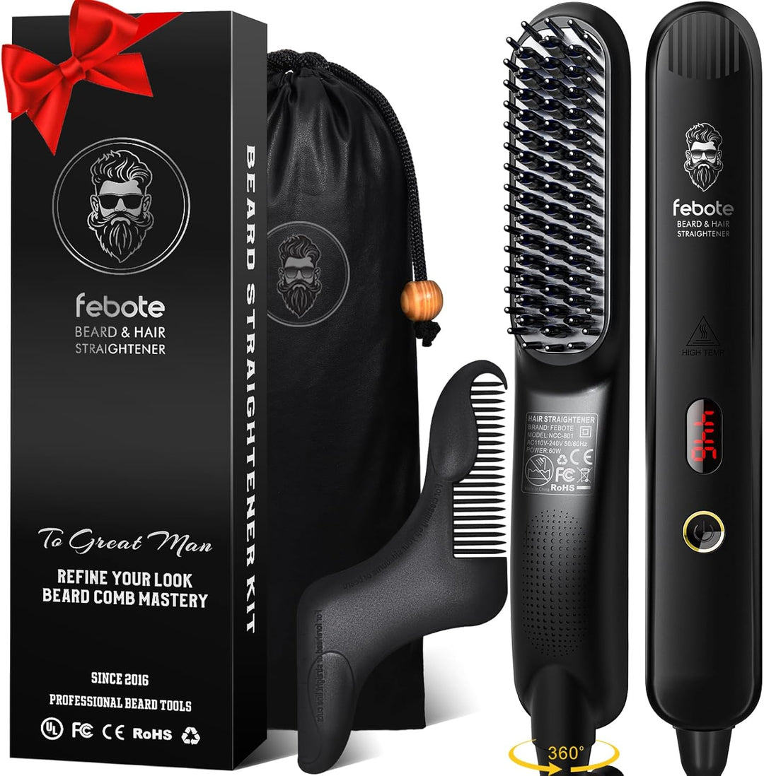 FEBOTE Cepillo iónico calentado para alisar el cabello para hombres...