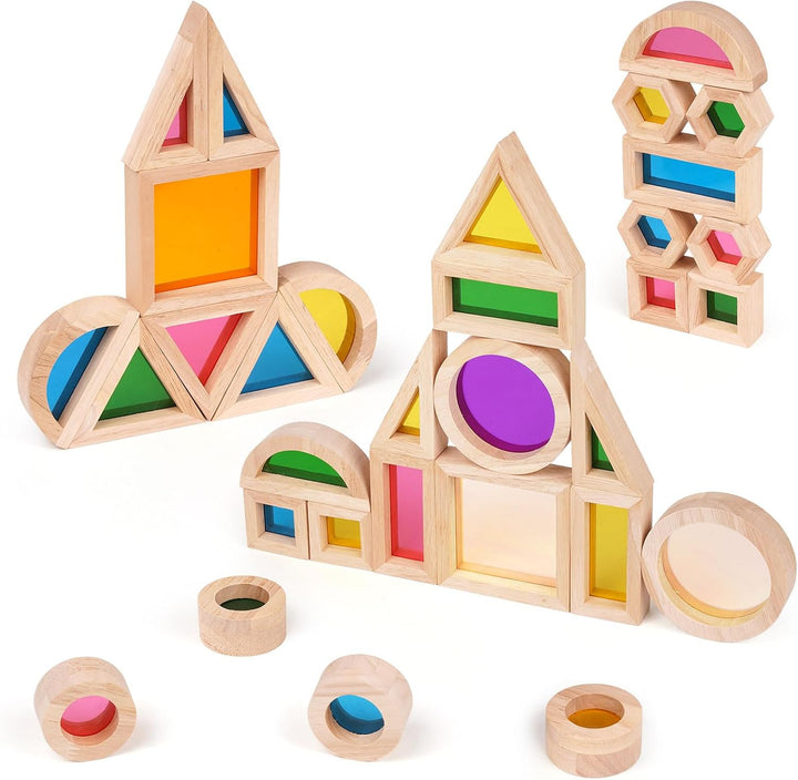 Agirlgle Bloques de construcción de madera arcoíris para niños, 32...