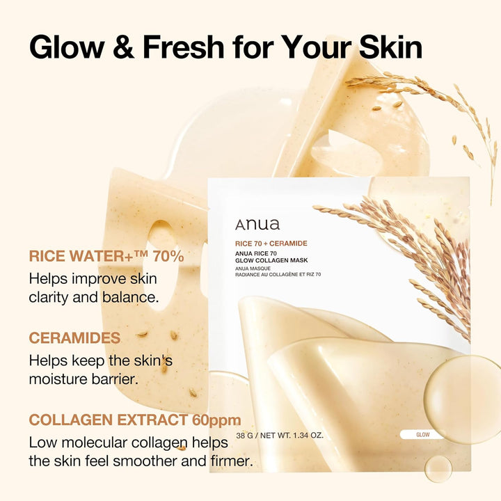 ANUA Rice 70 Glow Máscara de Colágeno, Máscara Facial Nocturna para...