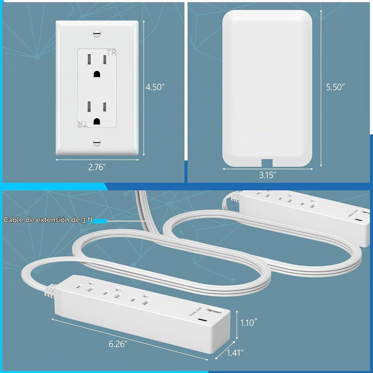 LIDER Extensor de salida con 3 receptáculos, 2 regletas de alimentación, USB-A y USB-C