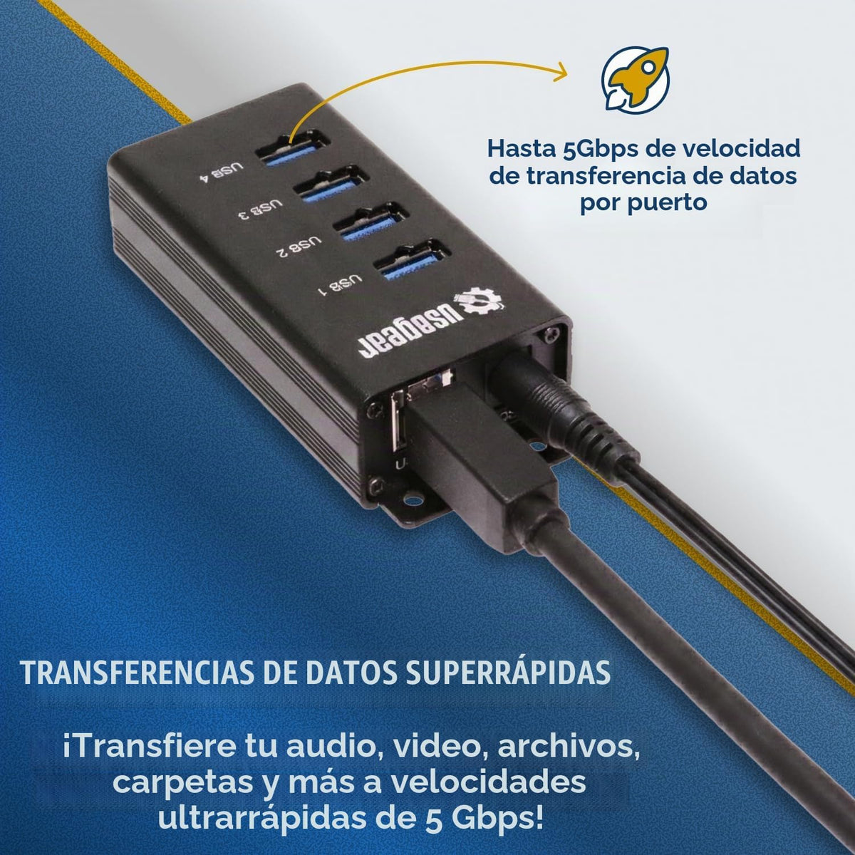 USBGear, USBG-BREC304, hub USB 3.2 de 4 puertos, alimentado, adaptador 5V/2A