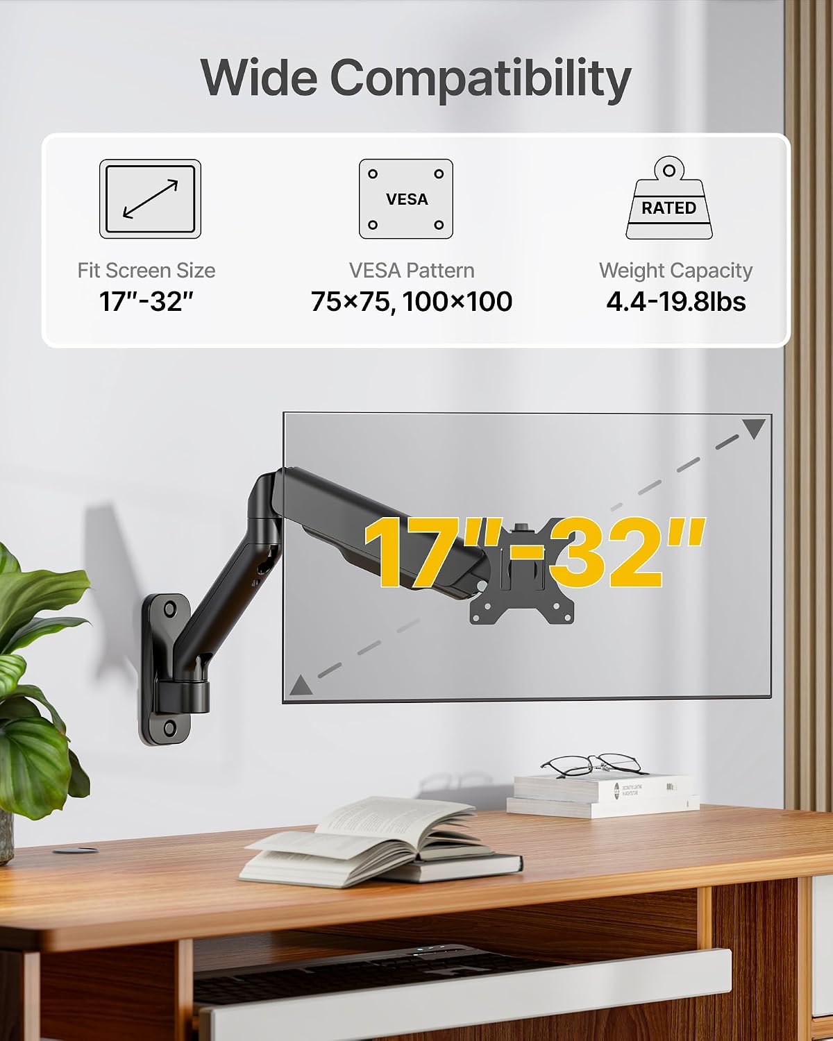 monTEK Soporte de pared para monitor único, brazo de resorte de movimiento completo para pantallas de 17-32"