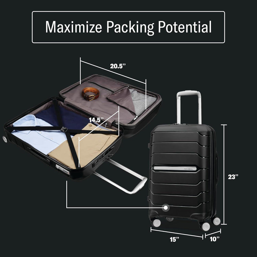 Samsonite Freeform - Maleta de mano rígida con ruedas giratorias, maleta rígida, aprobada por la TSA, aerolínea, carcasa rígida expandible, ruedas suaves para viajes ligeros, color azul marino