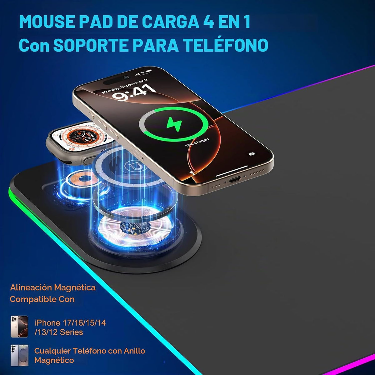 Alfombrilla de mouse para juegos de carga inalámbrica, alfombrilla de escritorio plegable magnética, soporte para teléfono de carga rápida de 15 W, alfombrilla de mouse RGB extendida para teclado