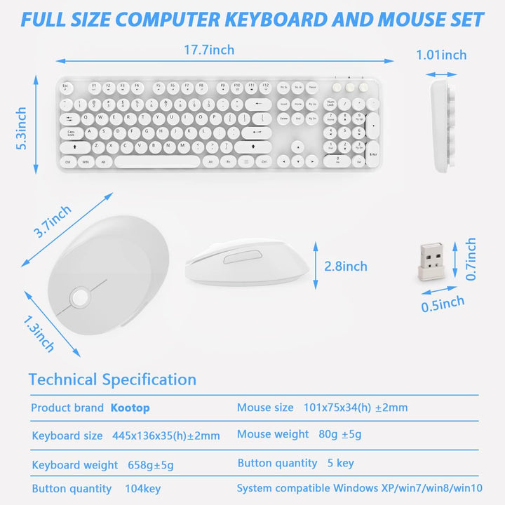 Combo de teclado y mouse inalámbricos, teclado blanco lindo de 104...