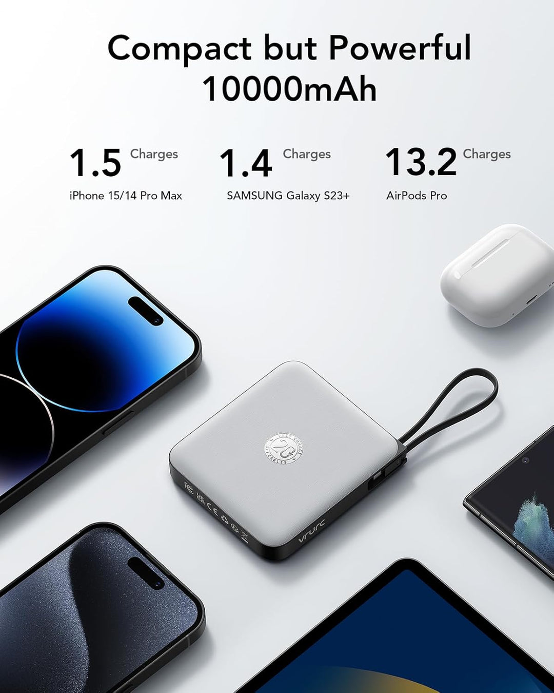 VRURC - Cargador de teléfono portátil con 4 cables integrados, banc...