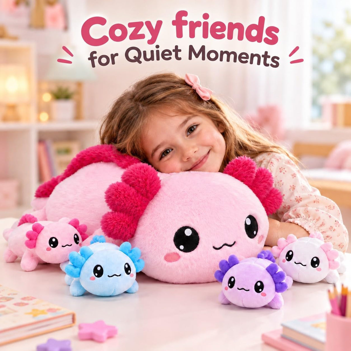 Axolotl - Animal de peluche con bebés, lindo peluche de axolote de mamá con 4 mini axolotes de bebé, conjunto familiar de anfibios suave, regalo de peluche Kawaii para niños, niñas, niños y