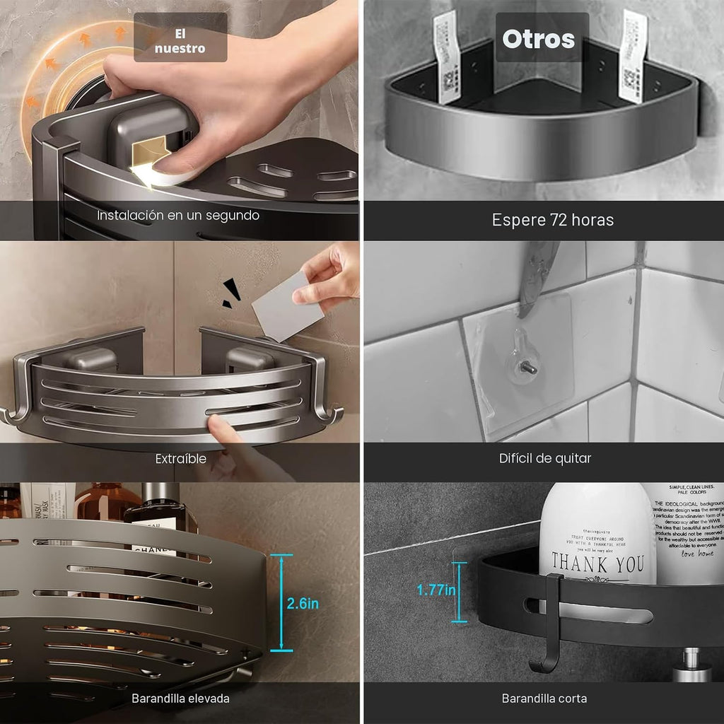 Organizador de ducha esquinero con ventosa, estantes esquineros de ducha sin perforación, organizador de ducha de aluminio mejorado con barra de toalla y ganchos, estante de almacenamiento de baño extraíble (paquete de 3, gris)
