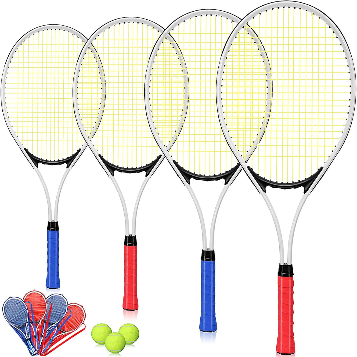 4 raquetas de tenis para adultos recreativas para 4 jugadores, raqueta de tenis ligera de 27 pulgadas con 3 pelotas de tenis para entrenar principiantes con bolsa de transporte
