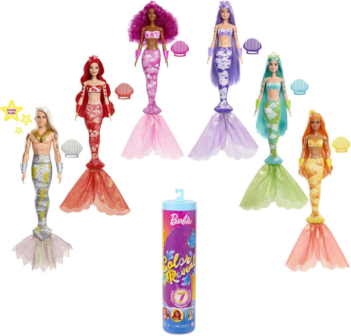Muñeca Barbie Color Reveal y accesorios, serie sirena arco iris, 7...