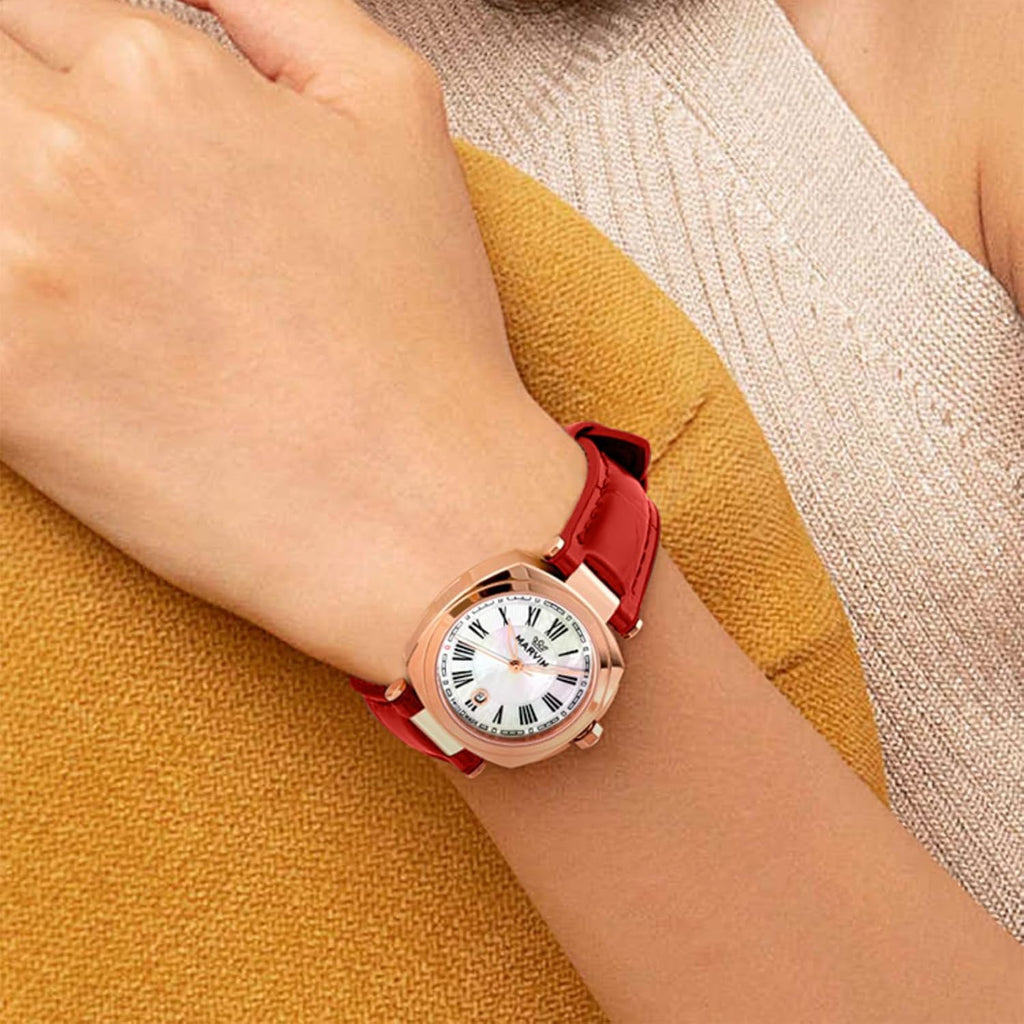 marvin Relojes para mujer, reloj suizo de pulsera con correa de silicona y cuero, caja de acero inoxidable en tono dorado rosa, movimiento de cuarzo, resistente al agua hasta 164.0 ft
